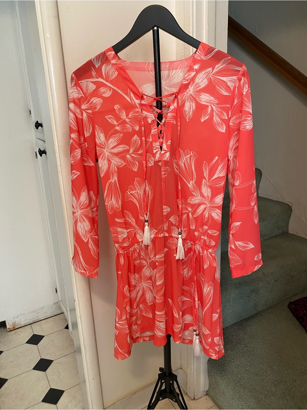 Women’s Coral Floral Lace-Up Tassel Dress/Beach Swim Coverup
